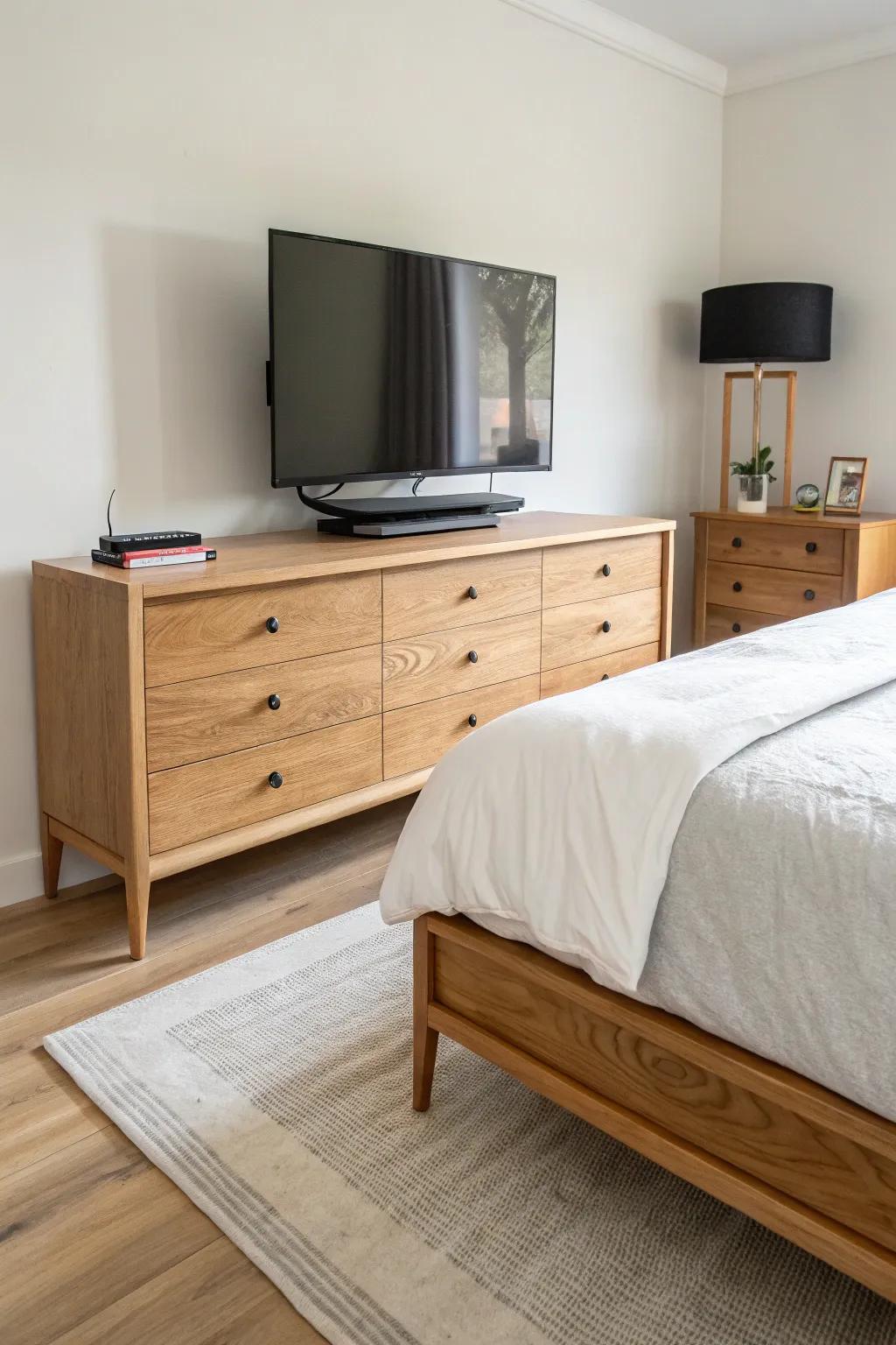 Low dresser makeover: a chic foot-of-bed TV stand with hidden cords and linen storage.