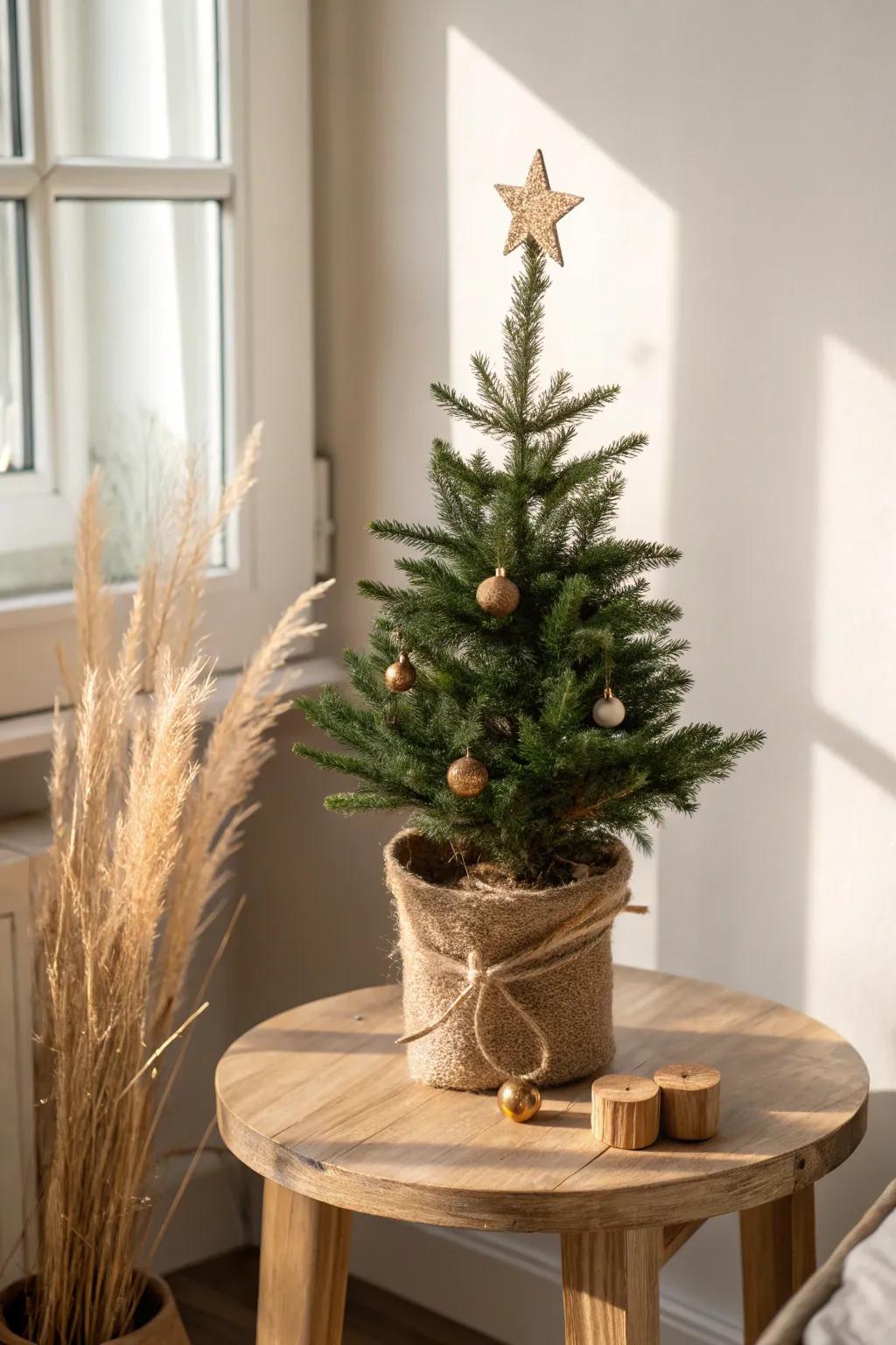 Mini tabletop tree in a burlap-wrapped pot—simple, cozy Christmas charm for your end table.
