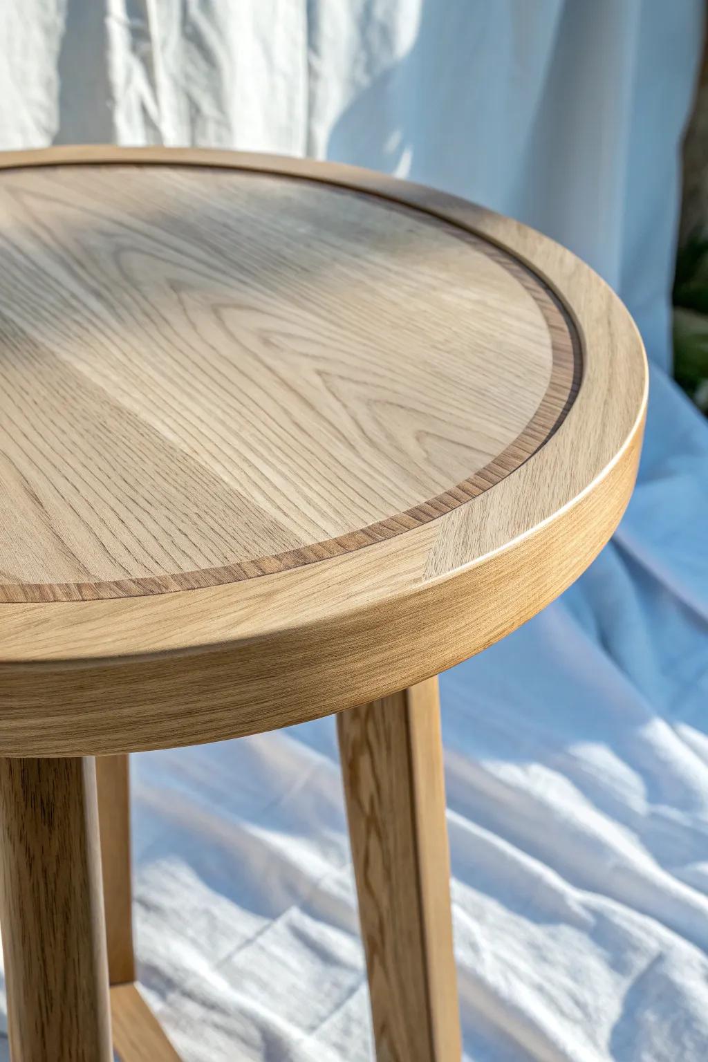 Natural oak center with a painted greige rim—an easy two-tone top that looks instantly finished.