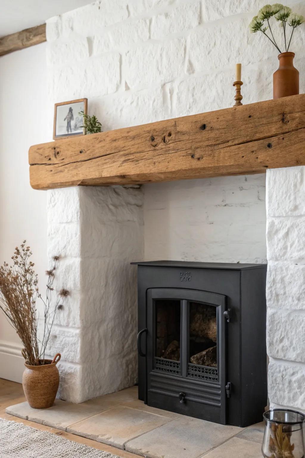 A reclaimed wood mantel with hand-planed marks—simple, rustic, and perfectly cottage.