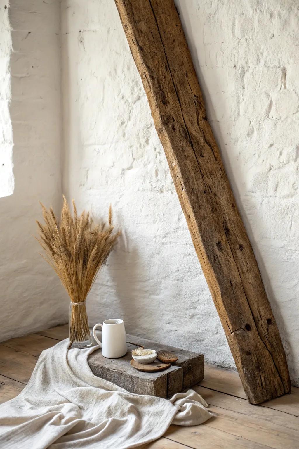 Slim reclaimed beams add instant English cottage character—aged charm without heaviness.