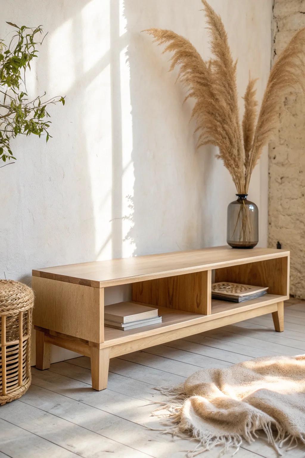 Slim, low-profile wooden media bench—small-space friendly lines with warm Scandinavian calm.