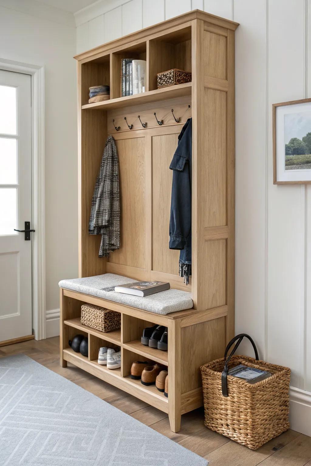 A bench-and-bookcase entryway combo with hooks and shoe cubbies—simple, warm, hardworking.