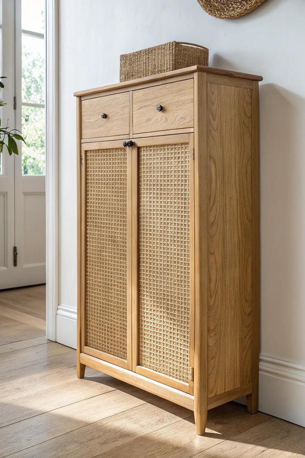 Sleek tilt-out shoe cabinet that hides clutter—beautiful oak craftsmanship for a narrow entry.