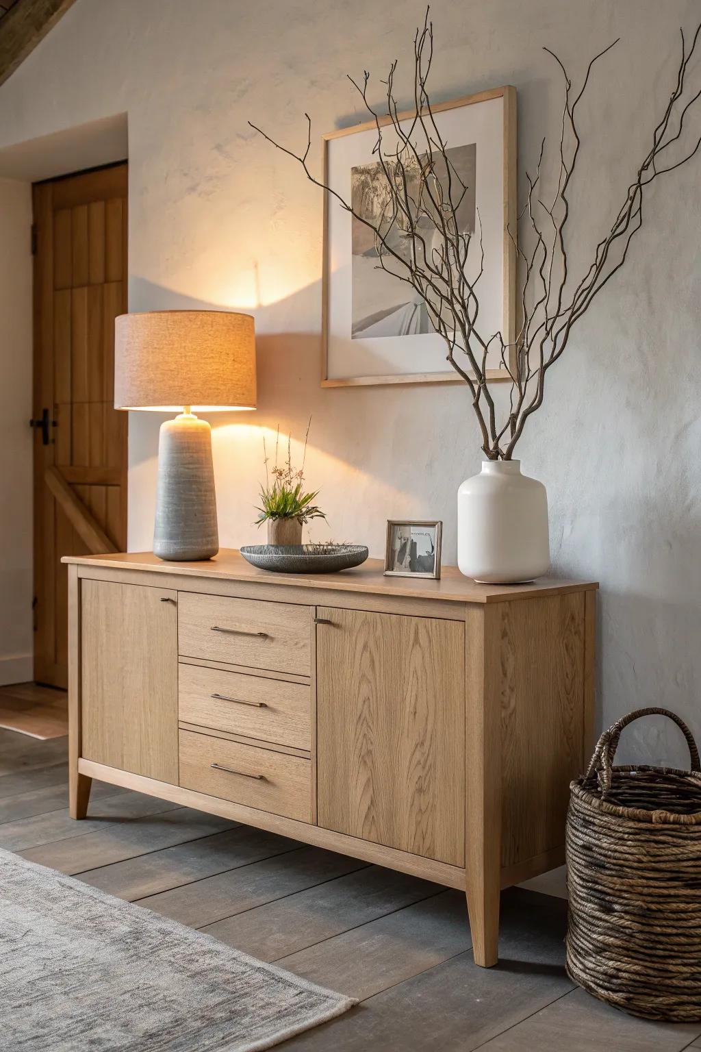 Warm lamp glow + tall branches create an effortless tall-to-low balance on a wood sideboard.