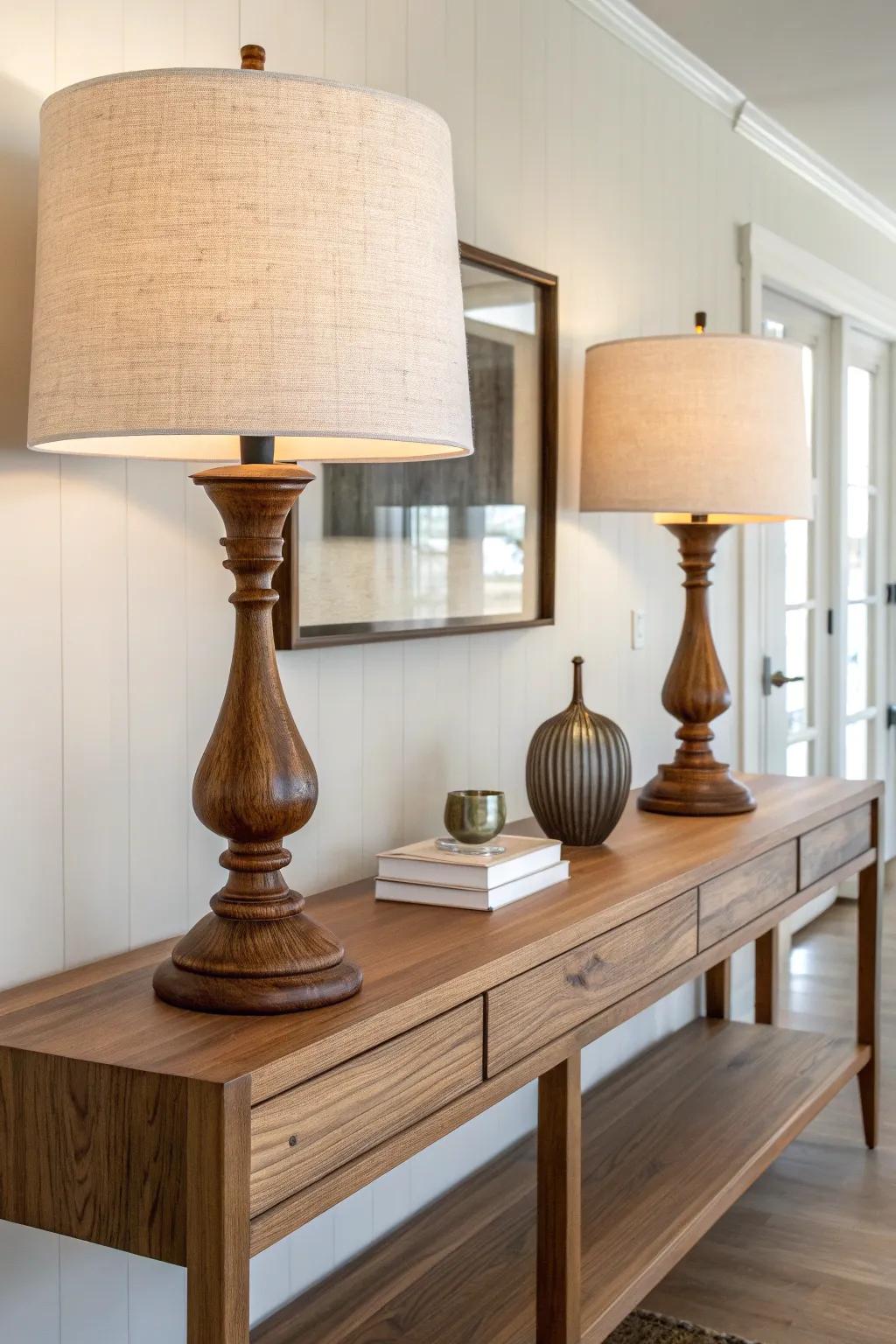 Matching lamps on a long oak console bring instant symmetry and a calm, polished entry.