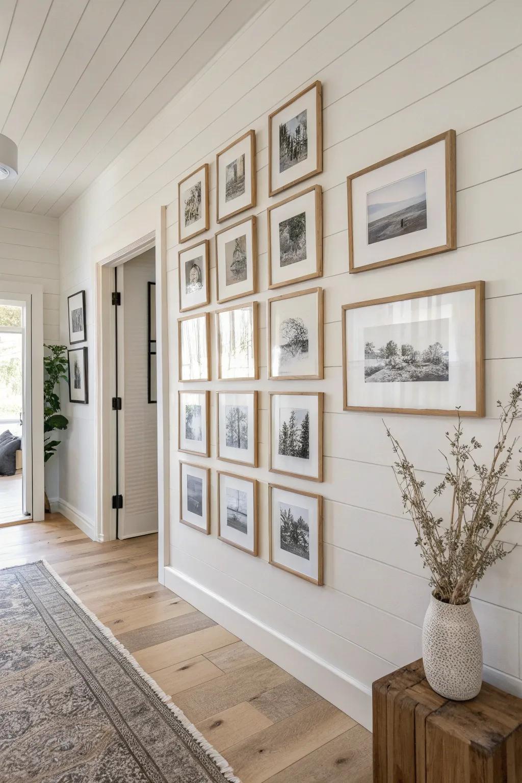A classic oak-framed gallery cluster that makes your entryway wall feel personal and calm.