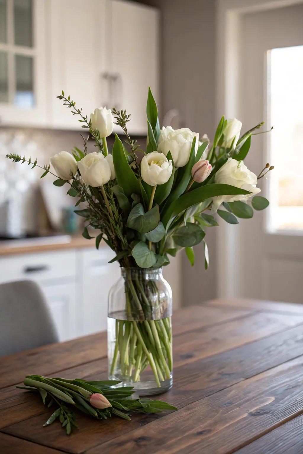 Single bouquet in a clear vase—an effortless, everyday centerpiece that makes wood feel warm.