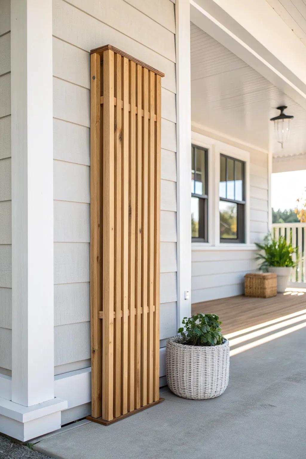 Tall vertical cedar slats add instant height and an architectural, porch-perfect statement.