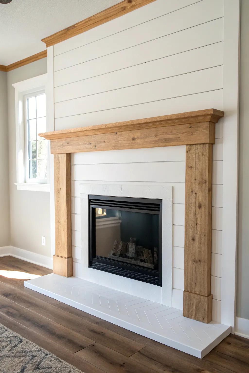 Modern faux fireplace with a full shiplap wall—clean, cozy, and beginner‑friendly to build.