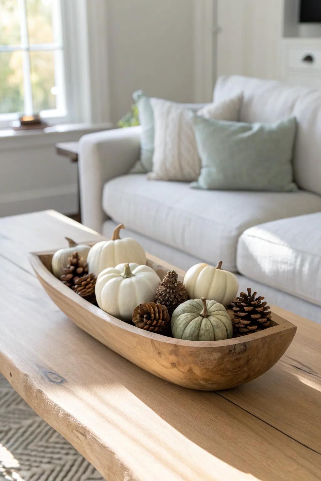 Rustic wood dough bowl with neutral mini pumpkins and pinecones for cozy fall charm.
