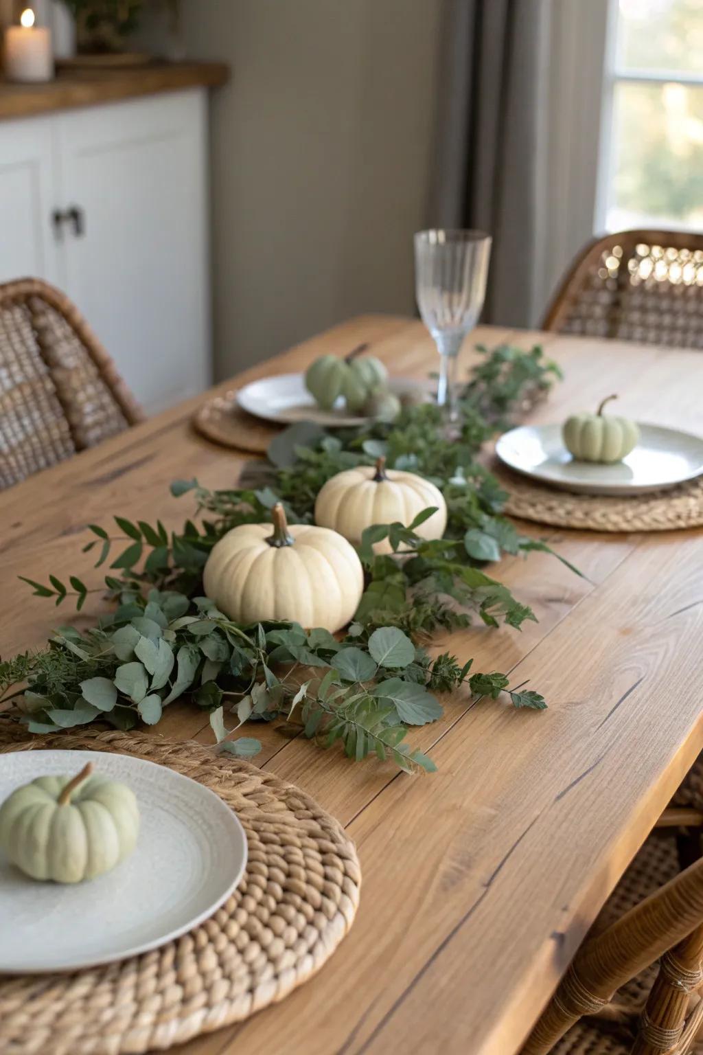 A greenery garland runner with mini pumpkins instantly warms up a bare wood fall table.