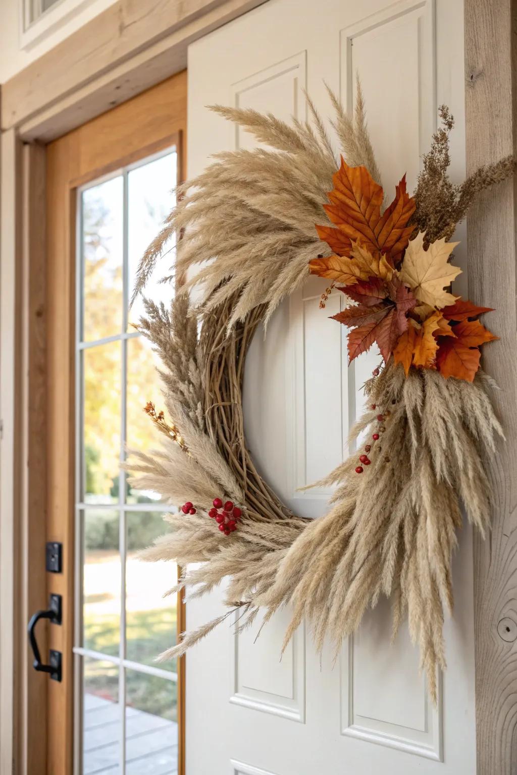 A full, textured fall wreath—dried wheat and leaves for a warm handmade welcome.