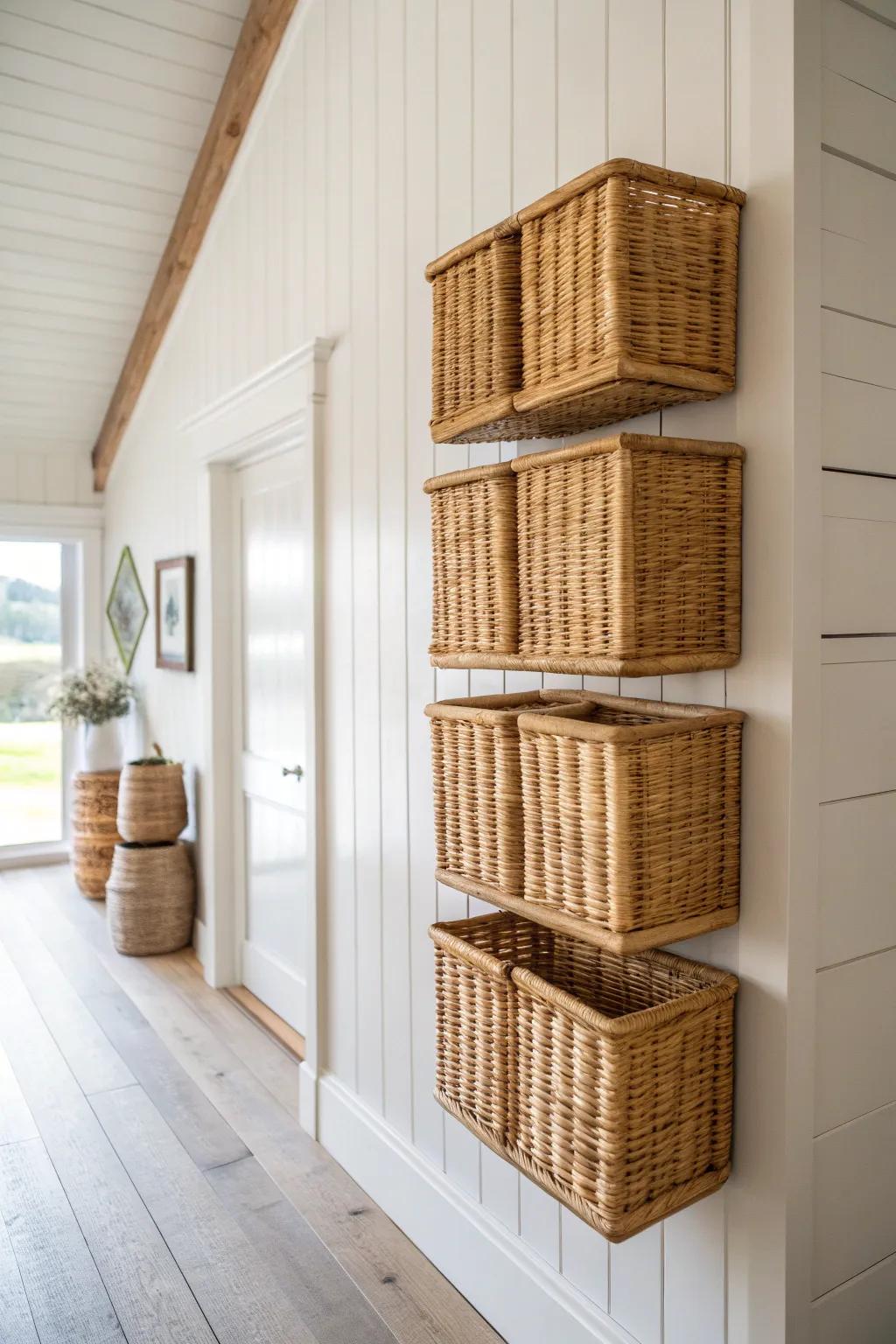 A simple 3x3 basket grid adds clean farmhouse structure with warm, woven texture.