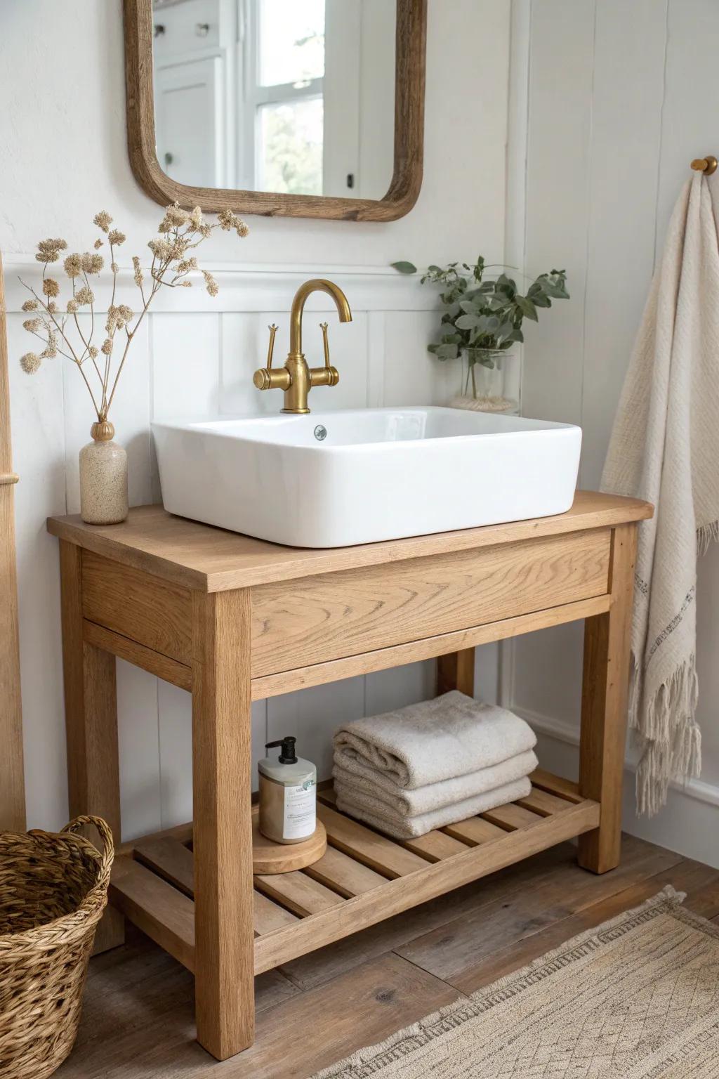 A farmhouse apron-front sink framed in chunky oak—simple, warm, and beautifully practical.