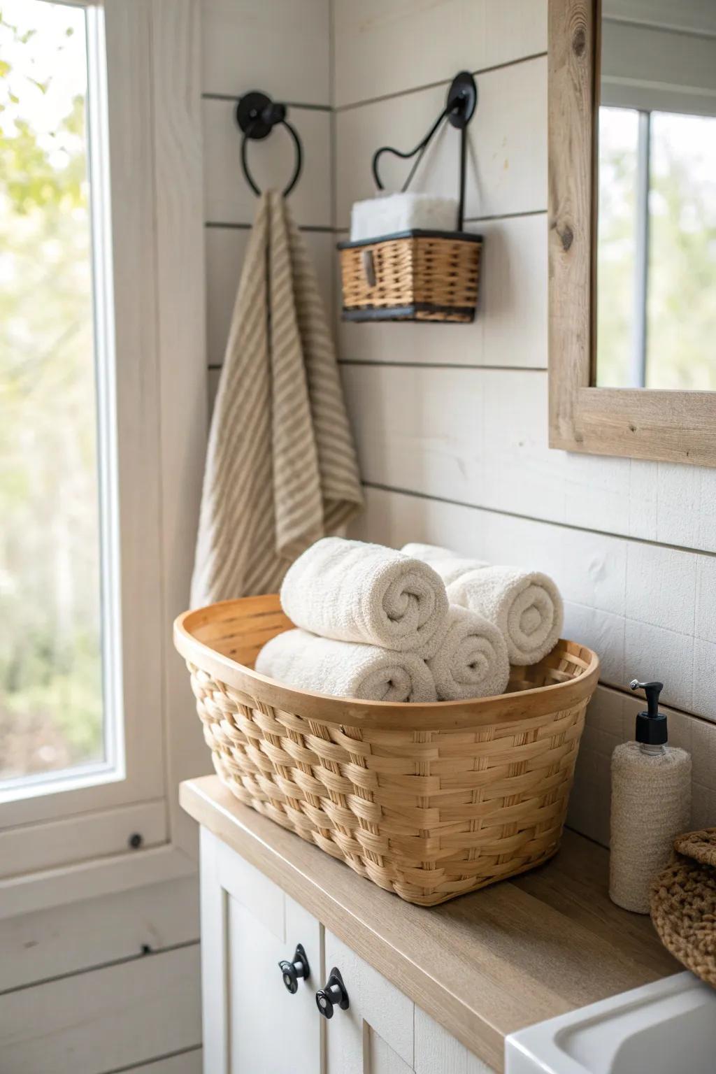 Wall-mounted wicker basket keeps towels within reach—rustic texture, minimal farmhouse calm.