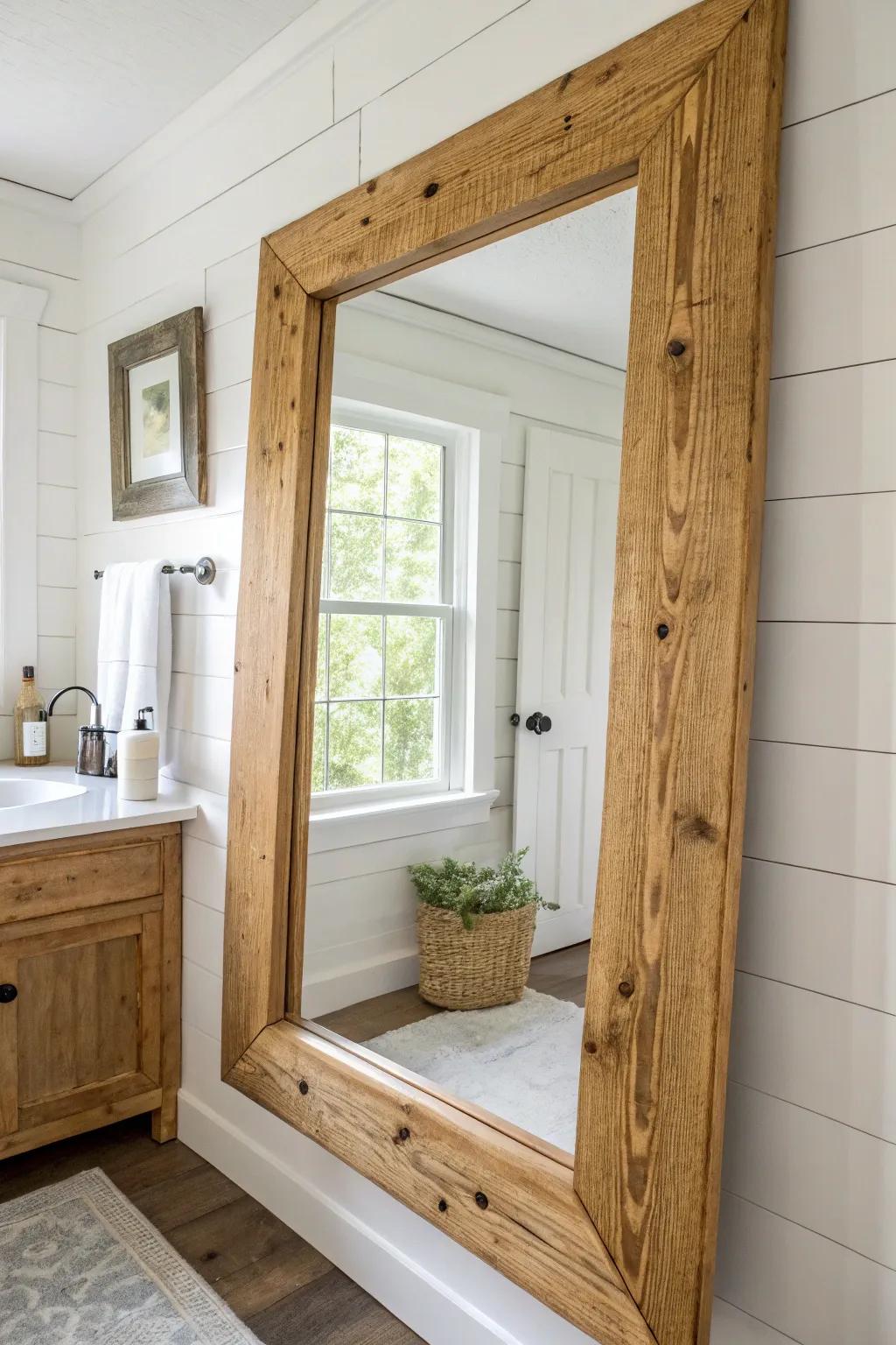 Thick distressed lumber gives a builder-basic bath an instant farmhouse mirror moment.