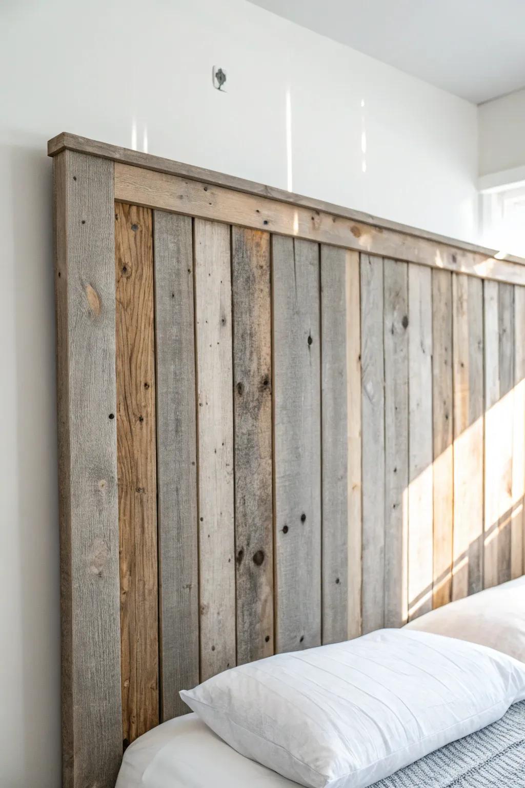 Budget farmhouse charm: a reclaimed pallet-wood headboard with beautiful weathered grain.
