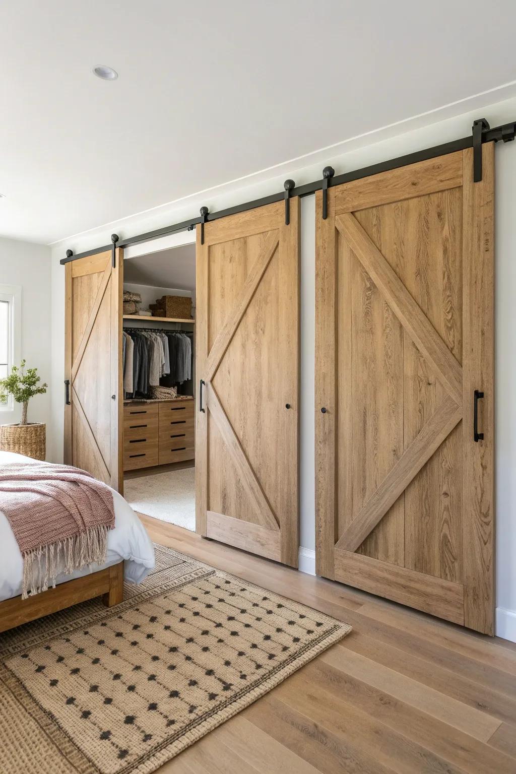 Double sliding barn doors bring balanced farmhouse charm to wide closets with warm wood tone.