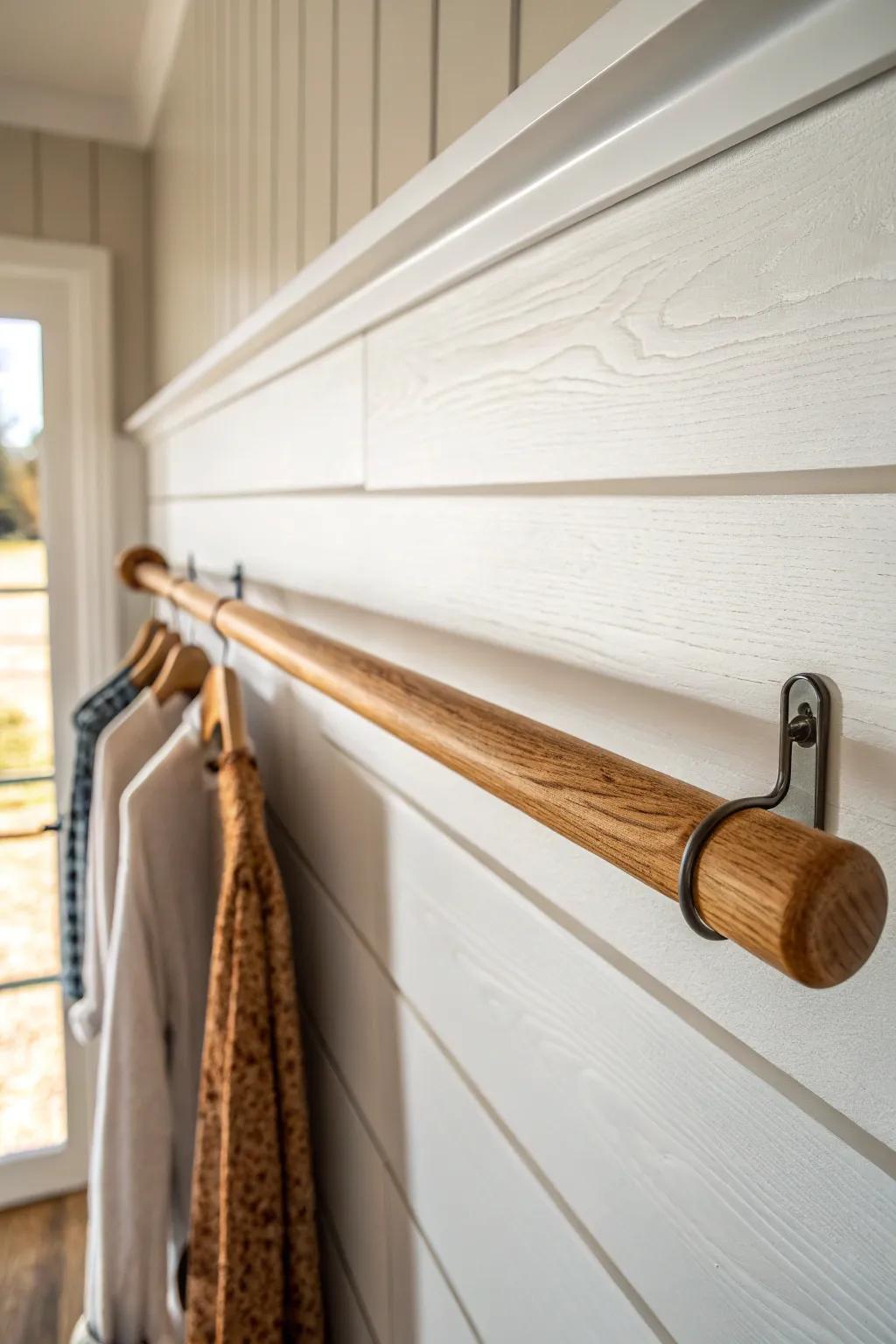 White shiplap + warm oak rod turns a plain closet into effortless farmhouse built‑in charm.
