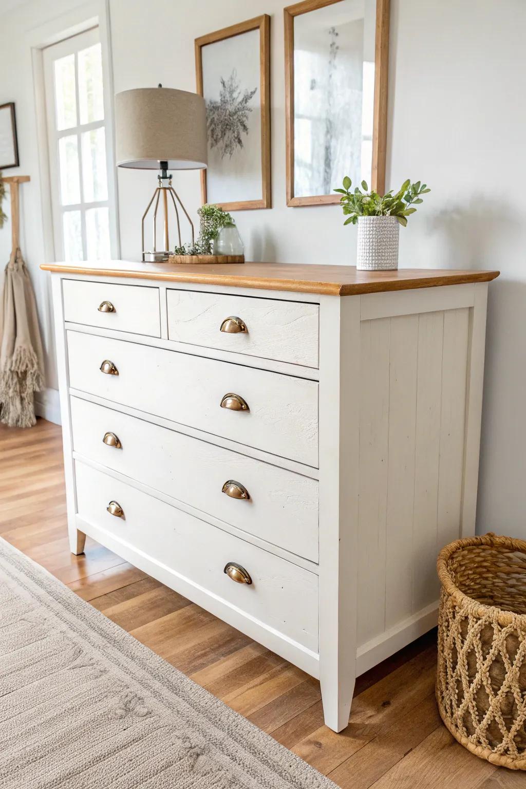 Budget farmhouse magic: thrifted solid-wood dresser flipped with milk paint and brass pulls.
