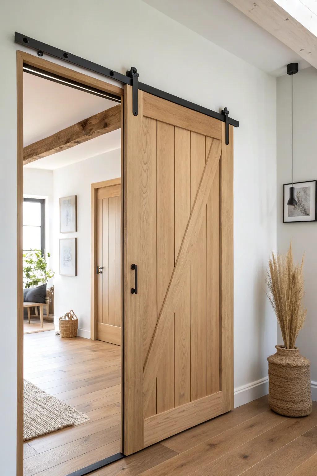 A light oak sliding barn door on a sleek straight track—space-saving farmhouse charm.