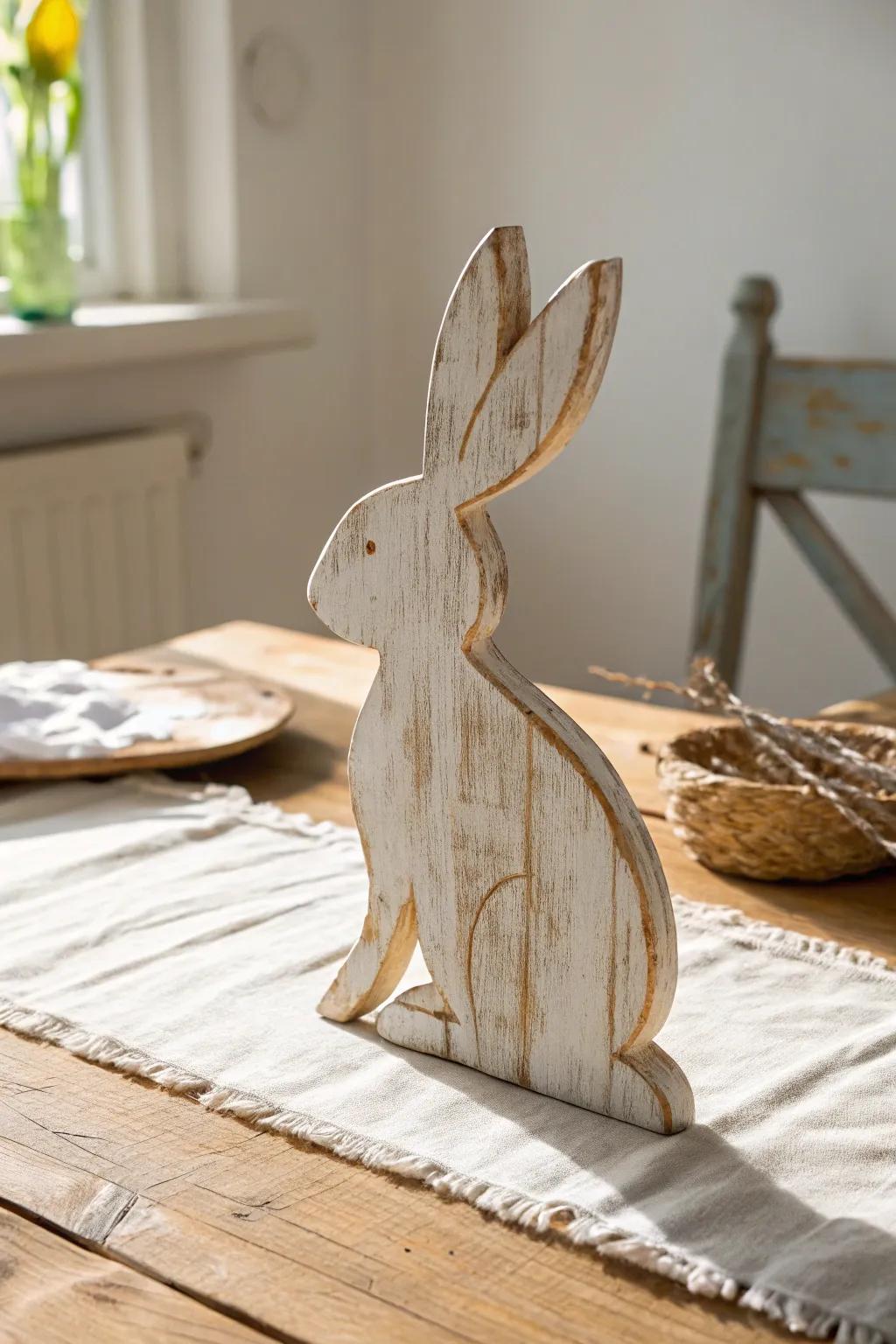 Distressed wood bunny cutout with soft sanded edges—rustic, minimal farmhouse Easter charm.