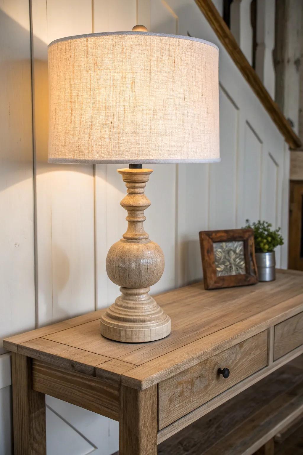 Warm linen-shade lamp glow on rustic wood—simple, cozy entryway charm.