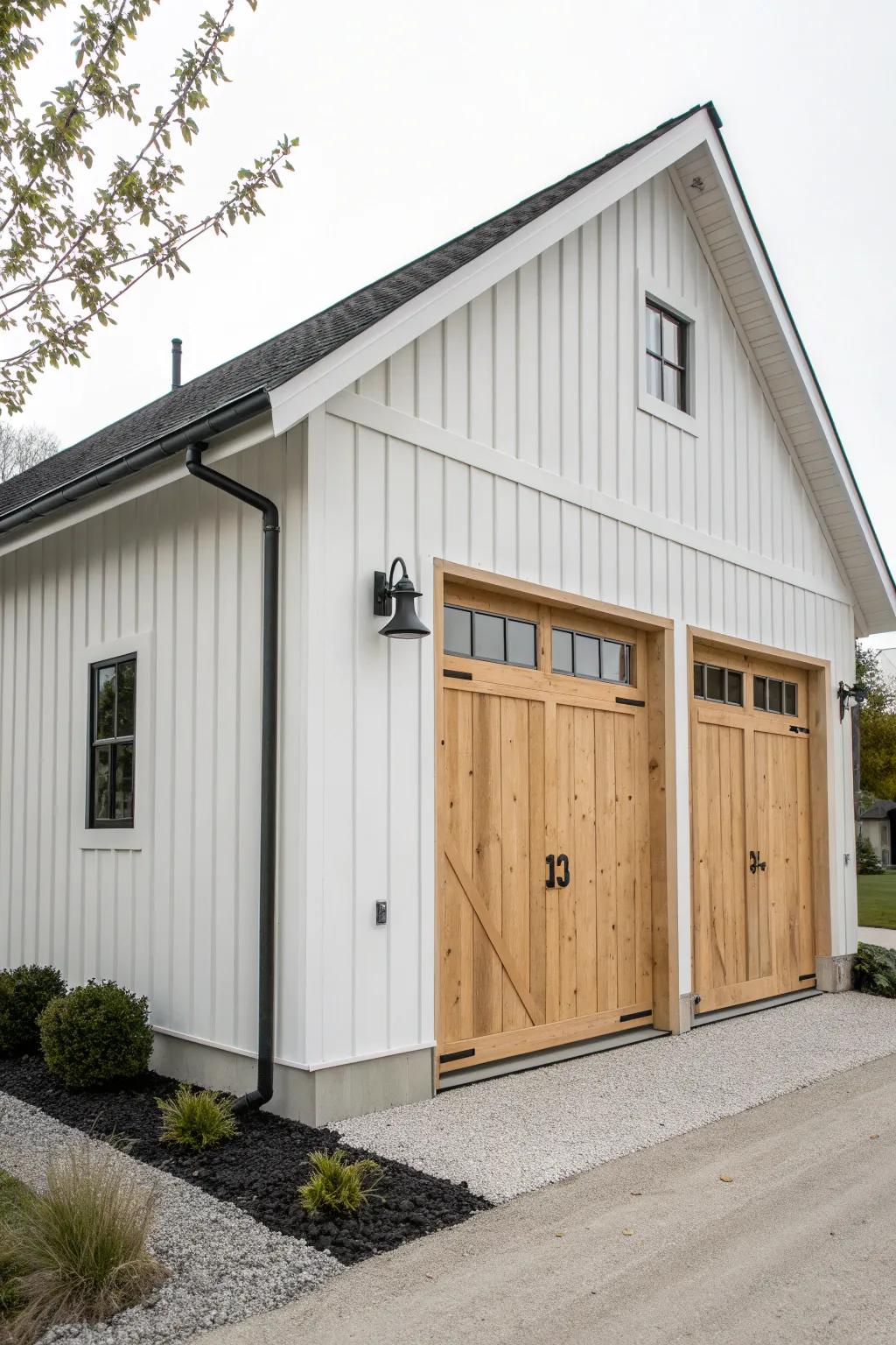 Crisp white board-and-batten siding with a warm wood door makes any garage feel barn-chic.