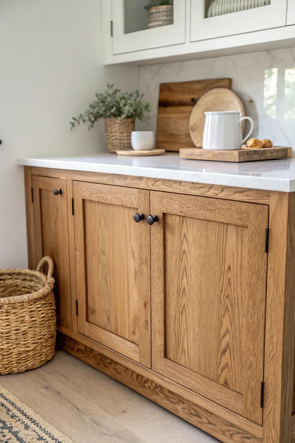 Warm oak lowers with crisp white uppers—an airy farmhouse mix that still feels grounded.