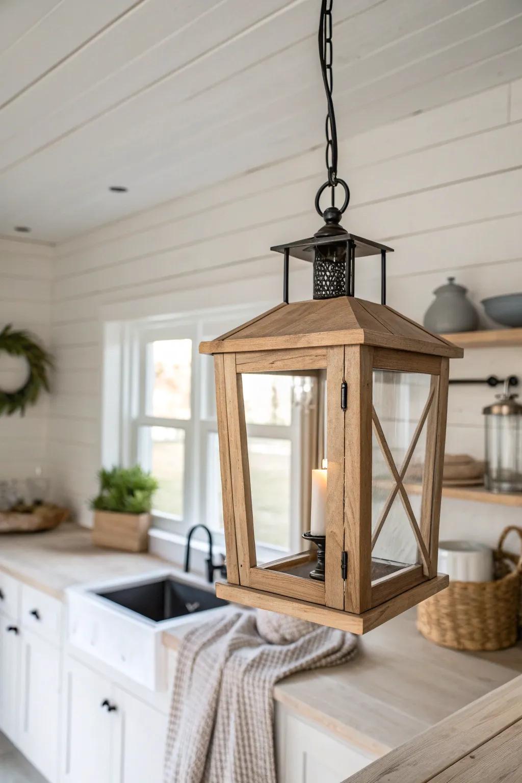 Wood-framed lantern pendant glow for timeless farmhouse charm above a pale oak island.