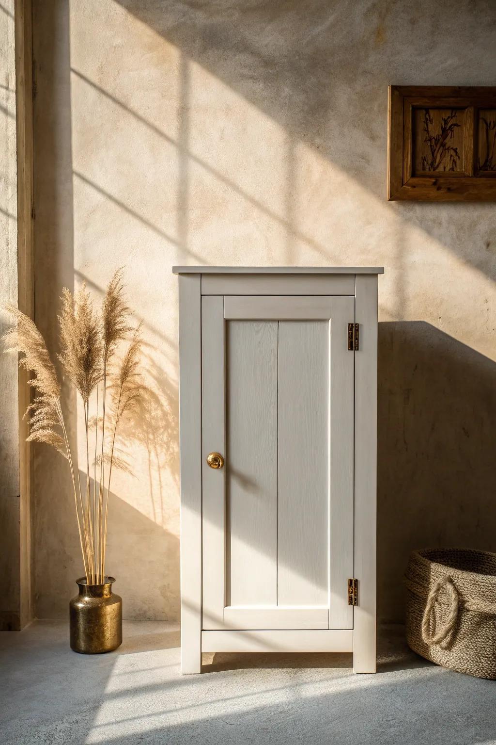 Soft white “Baked Linen” cabinet against warm greige walls—classic farmhouse calm, instantly custom.