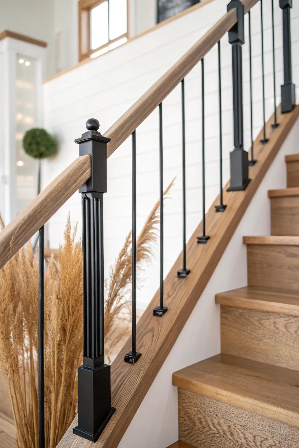 Slim black balusters + a chunky wood handrail = instant modern farmhouse contrast.