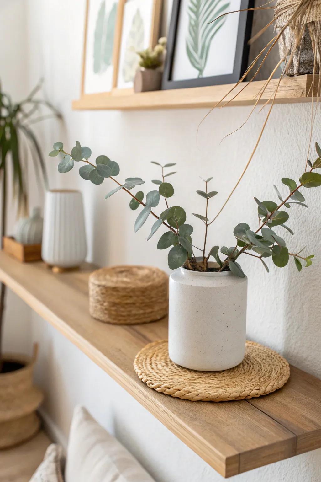 A simple eucalyptus pot adds fresh, effortless softness to clean farmhouse shelf lines.