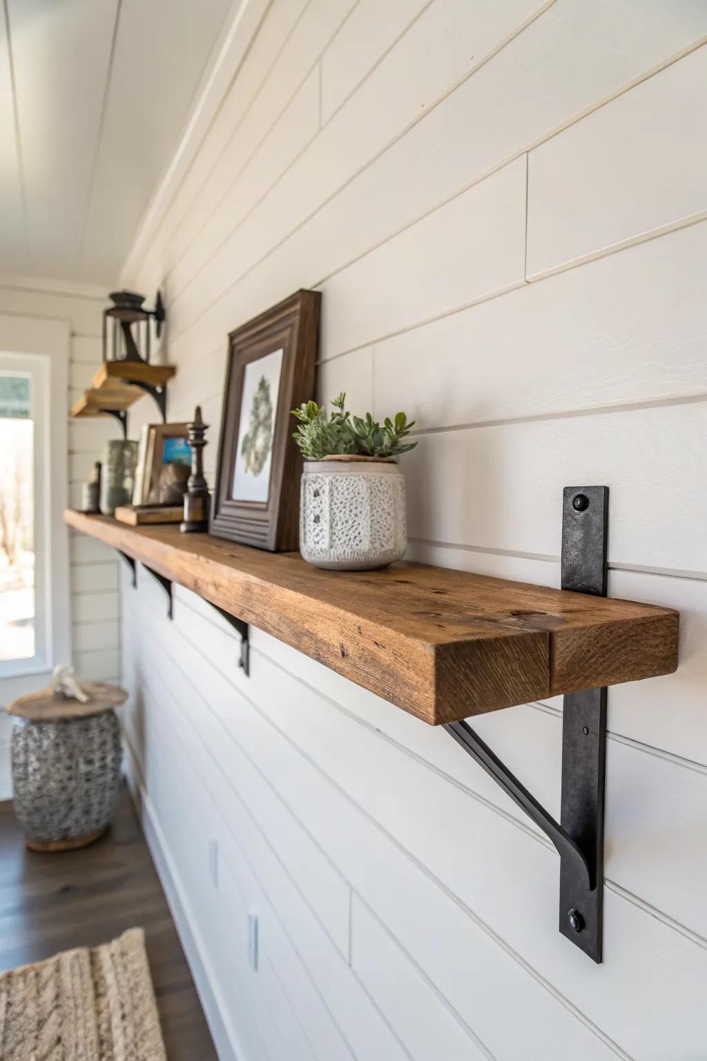 Timeless farmhouse style: stained wood shelf + rustic metal brackets with clean, modern contrast.