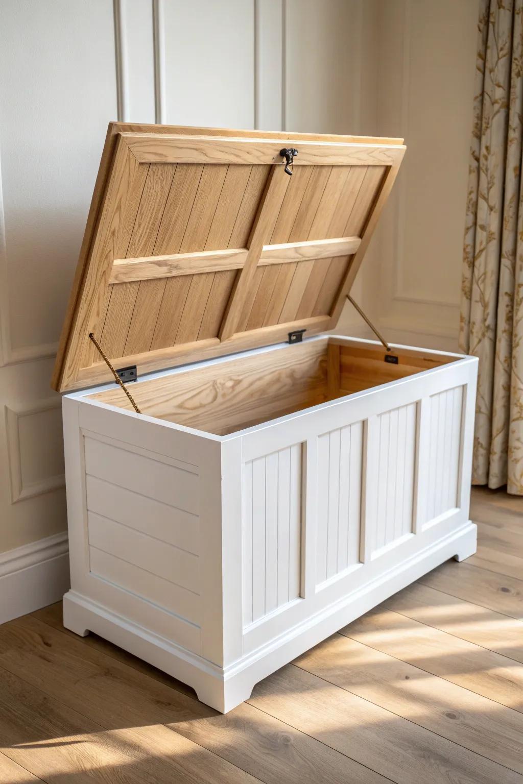 A calm farmhouse toy chest in white and oak—classic style with a safer, pinch-free lid.
