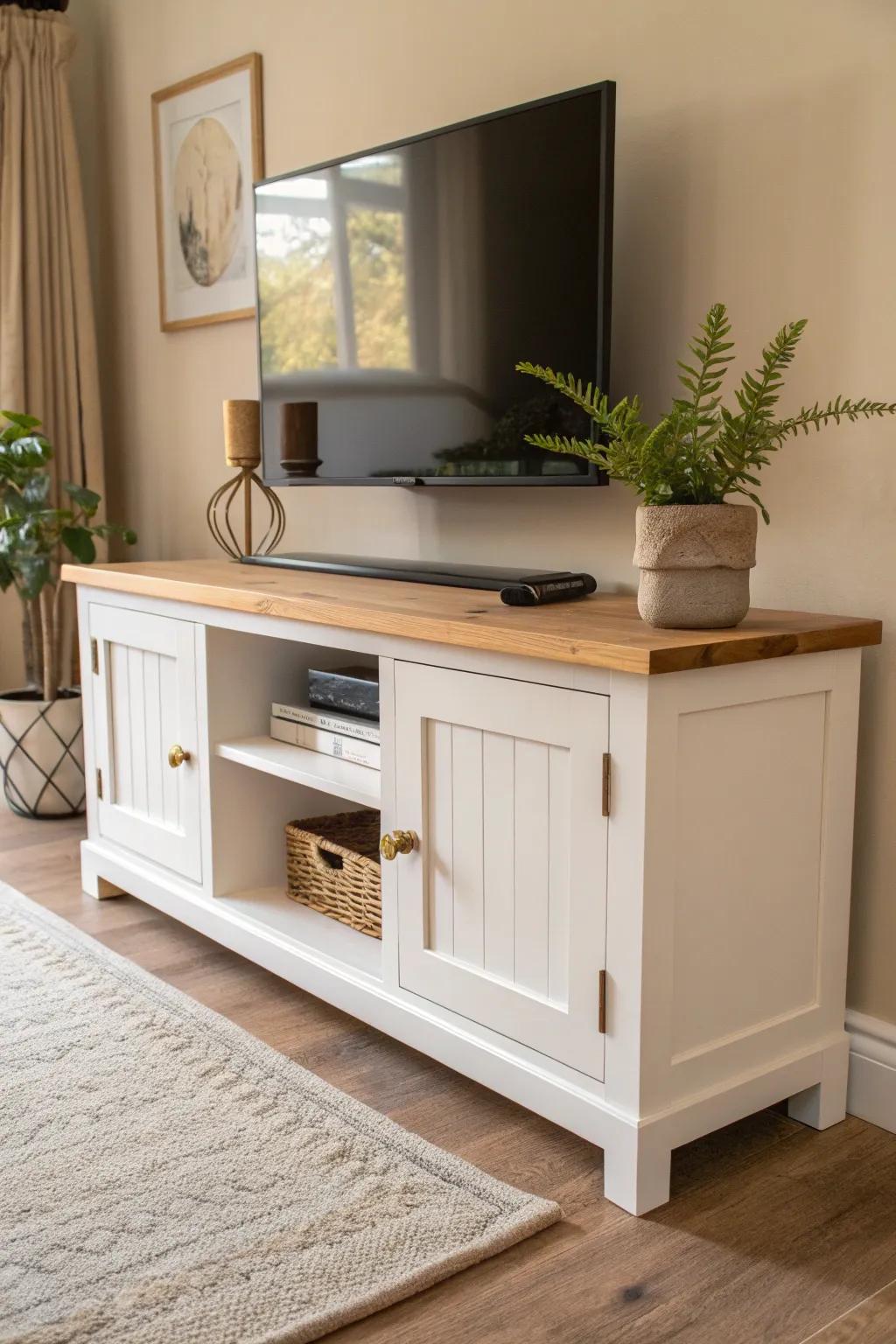 Cozy neutrals—white, cream, and natural wood—keep a farmhouse TV stand calm and timeless.