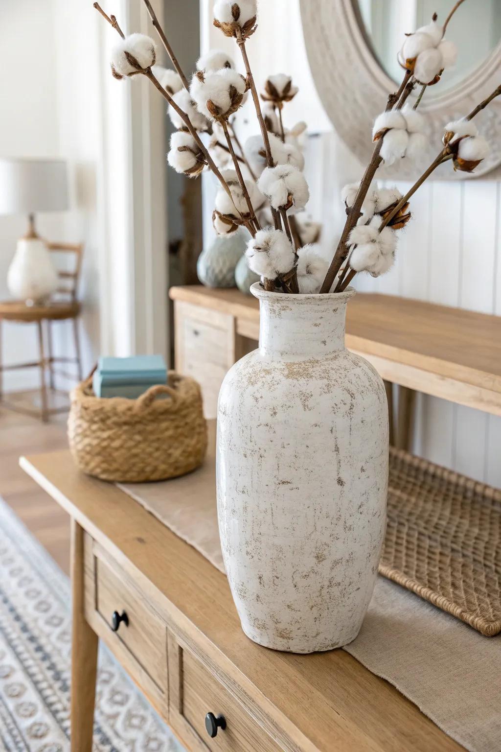 Crackled milk jug vase + tall cotton stems for effortless farmhouse charm.