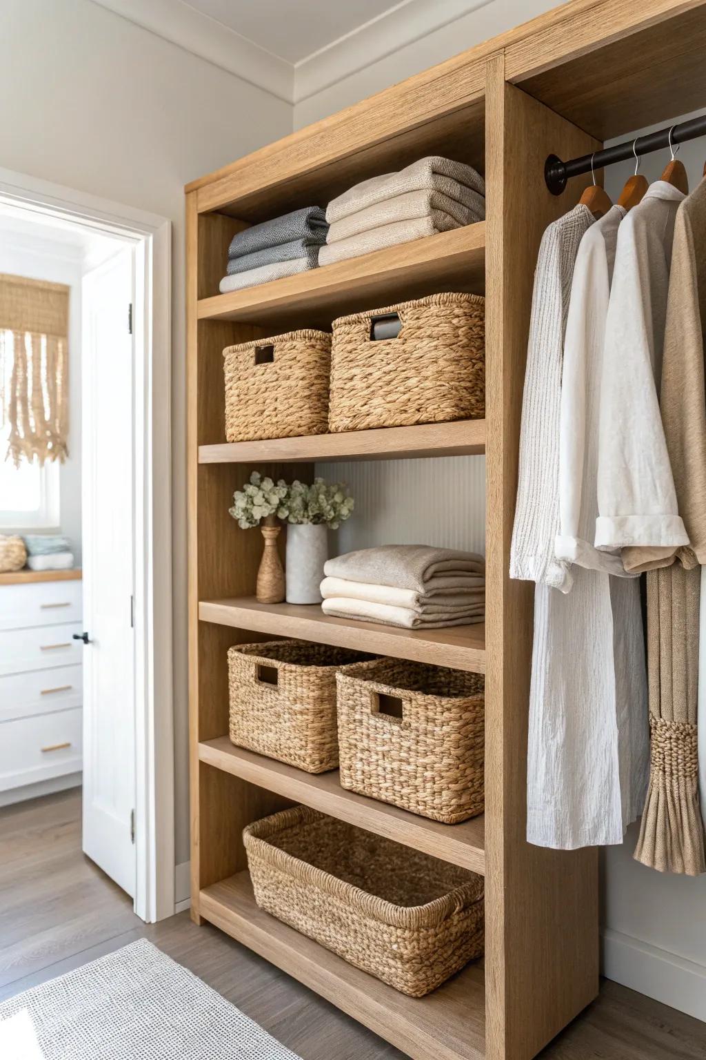 Open oak shelves + matching woven baskets: the easiest way to keep a closet calm and tidy.