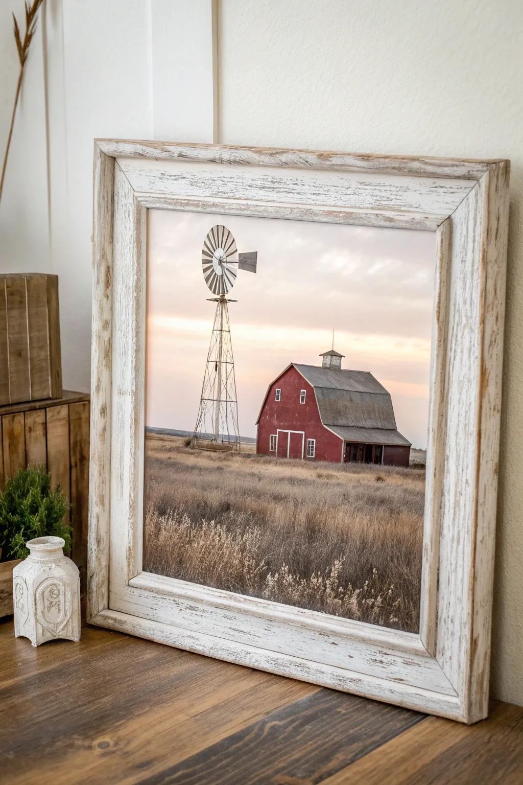 Oversized barn & windmill print in a weathered wood frame—an instant farmhouse focal point.