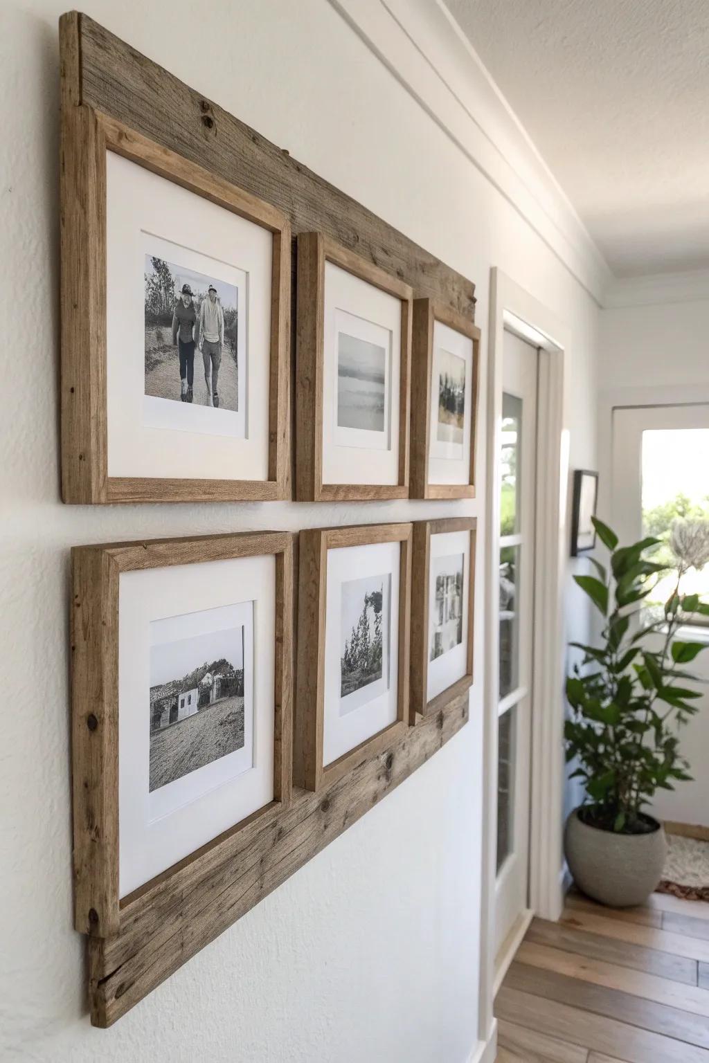 Black-and-white family photos in rustic wood frames—an effortless farmhouse wall collage.