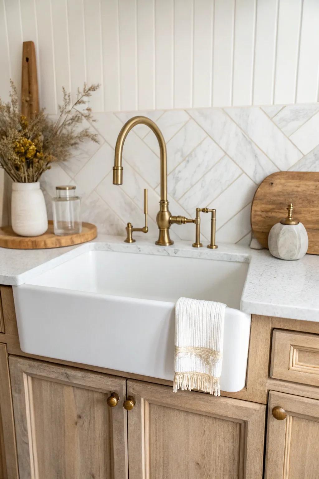 Symmetrical oak cabinets around an apron sink create a calm, intentional farmhouse wet bar.