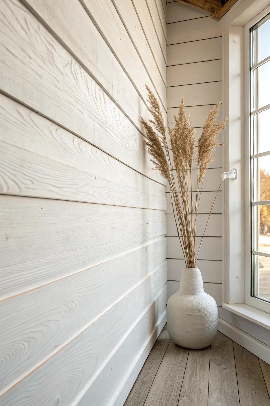 Weekend faux shiplap: painted grooves + a warm glaze that reads like real wood from afar.
