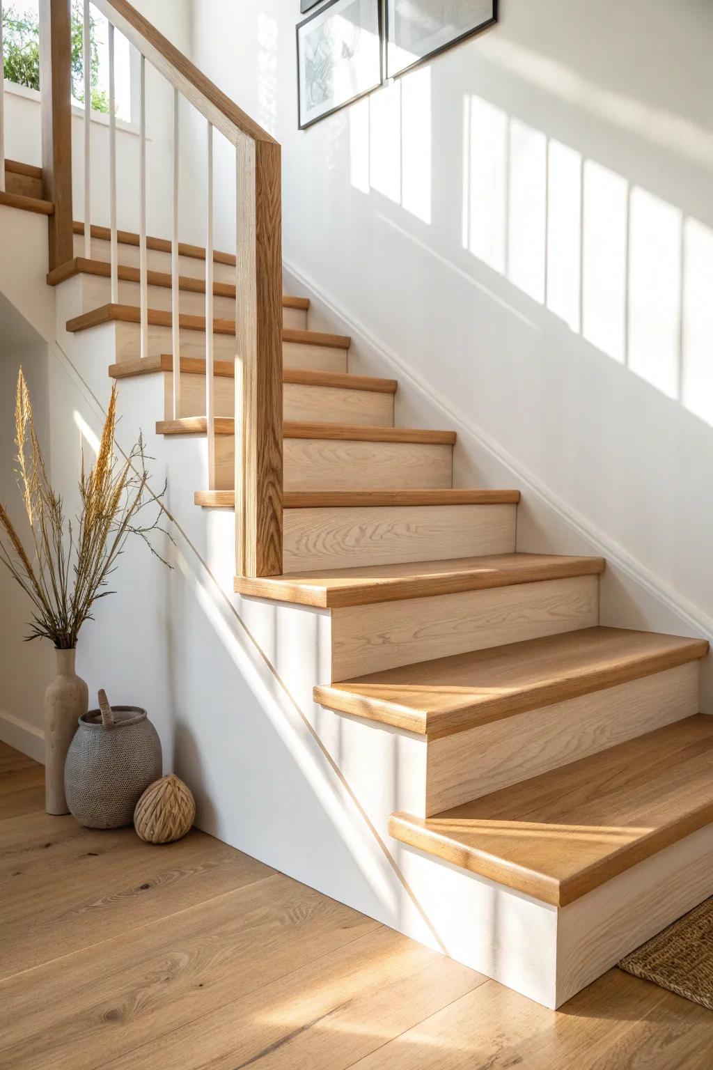 Light-stained oak stairs with a matte clear finish—fresh, modern, and beautifully natural.