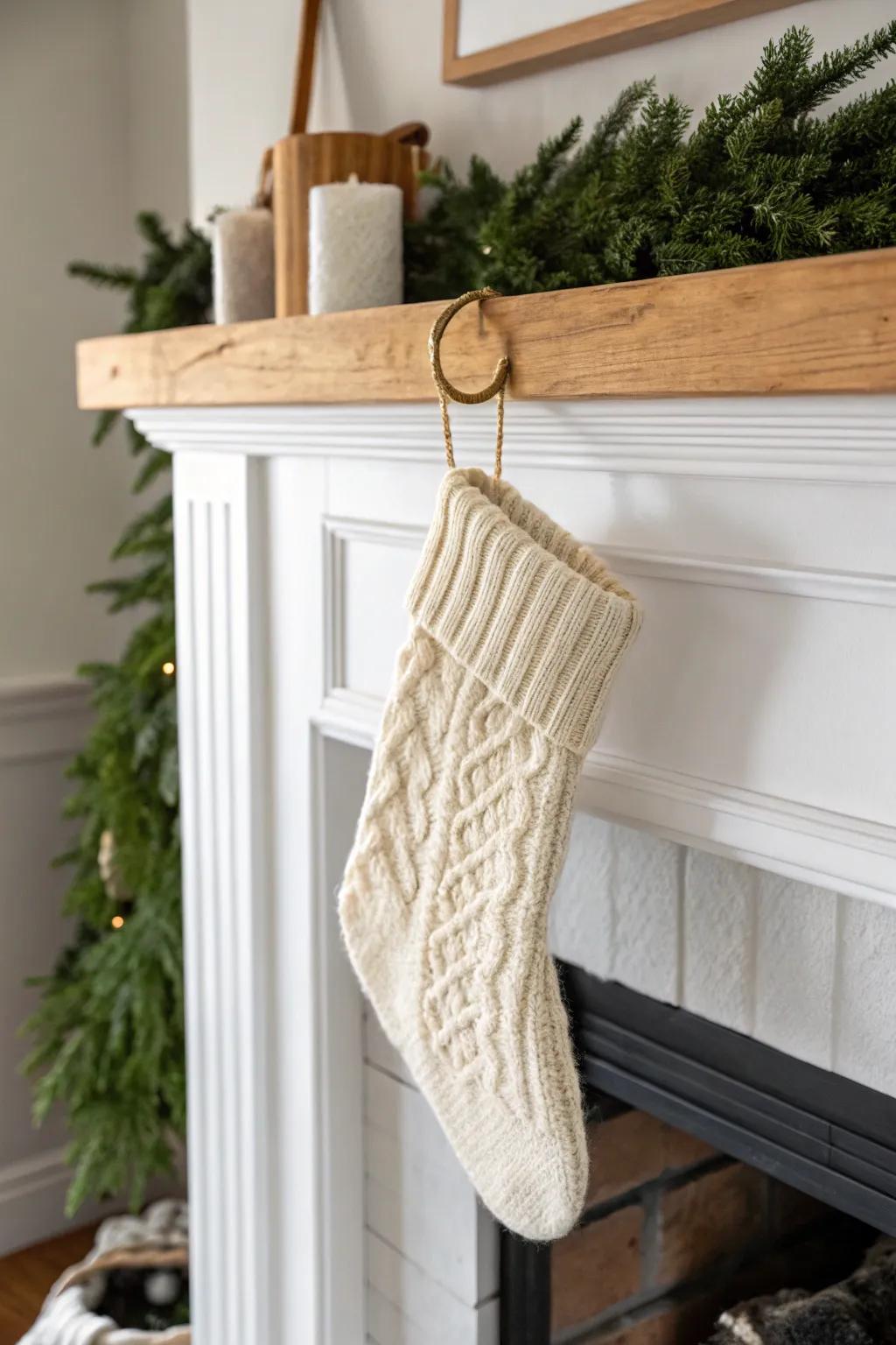 A single classic stocking on a simple hook—clean, cozy, and mantel-safe with a wood strip.