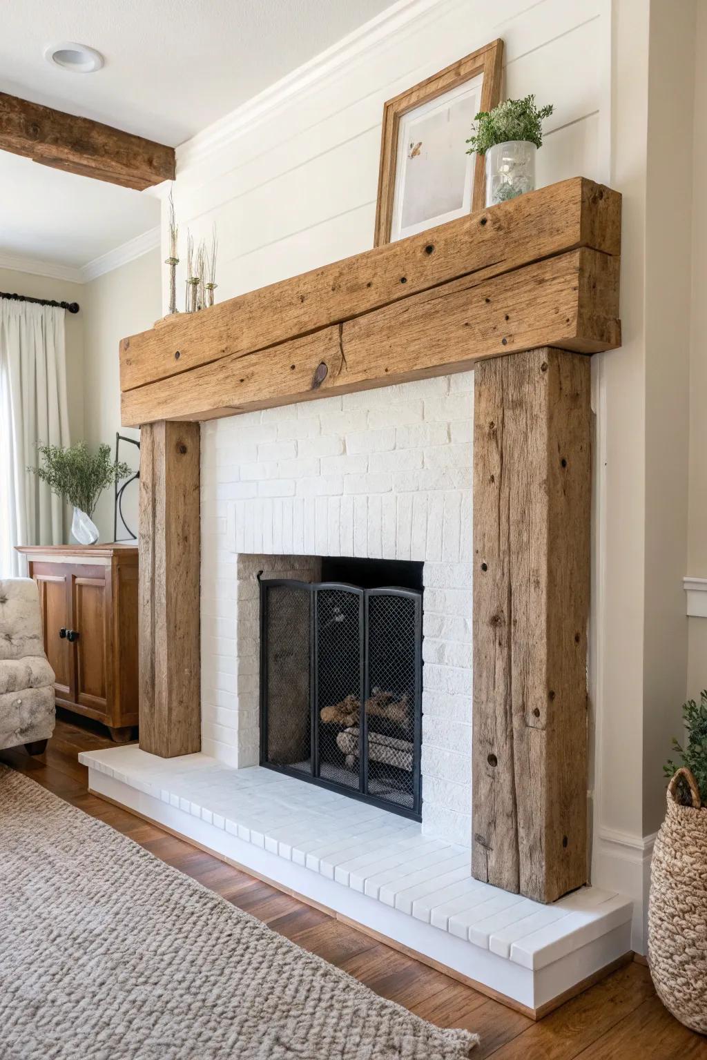 Chunky reclaimed wood mantel frame—farmhouse warmth with clean Scandinavian simplicity.