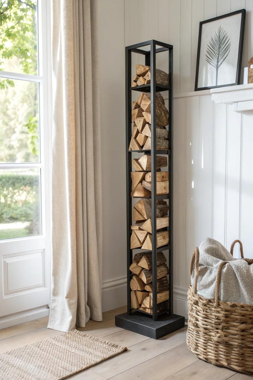Space-saving tall vertical firewood rack—slim, stylish, stacked high for cozy indoor warmth.