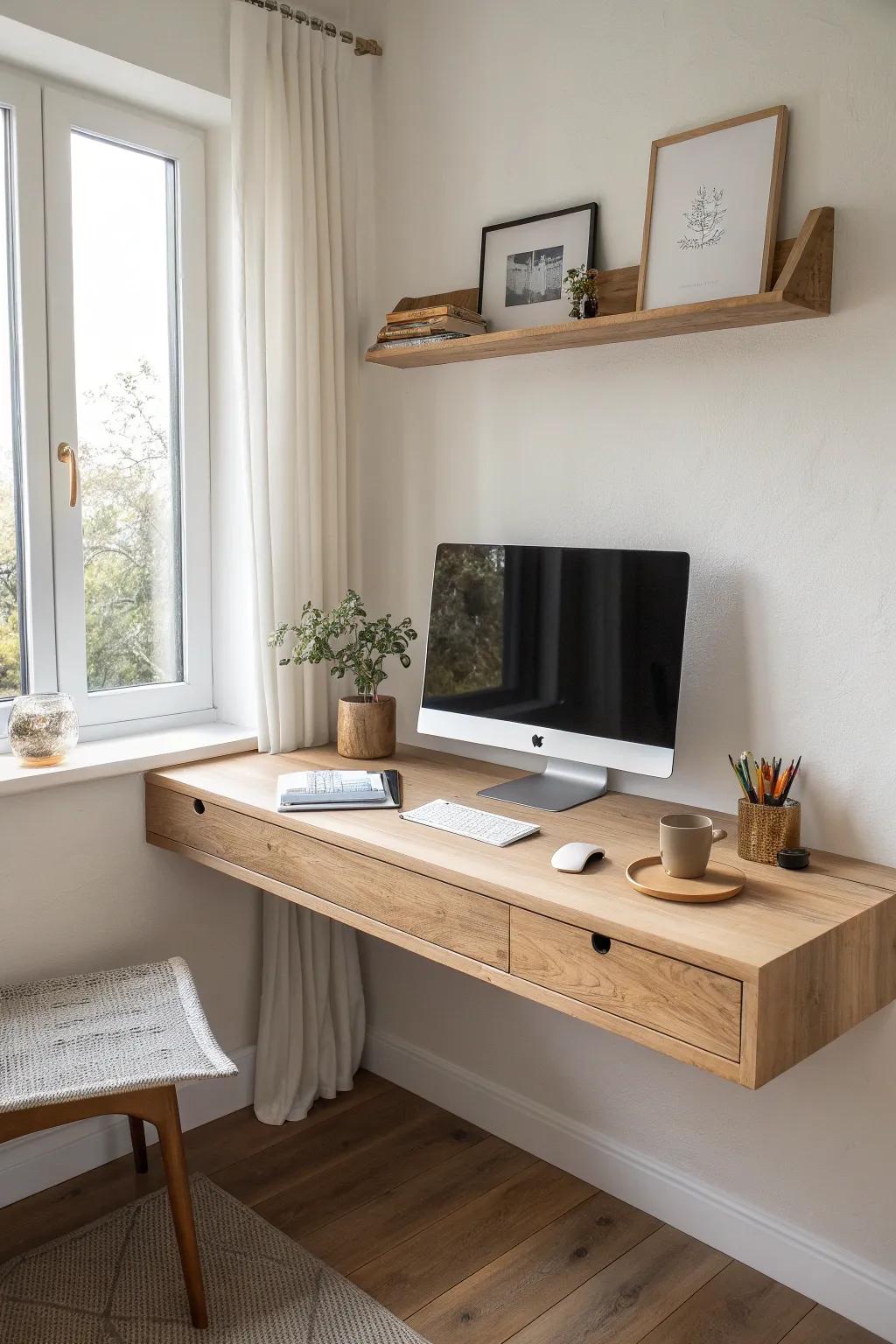 Light oak L-shaped floating corner desk—clean lines, hidden brackets, and extra workspace.