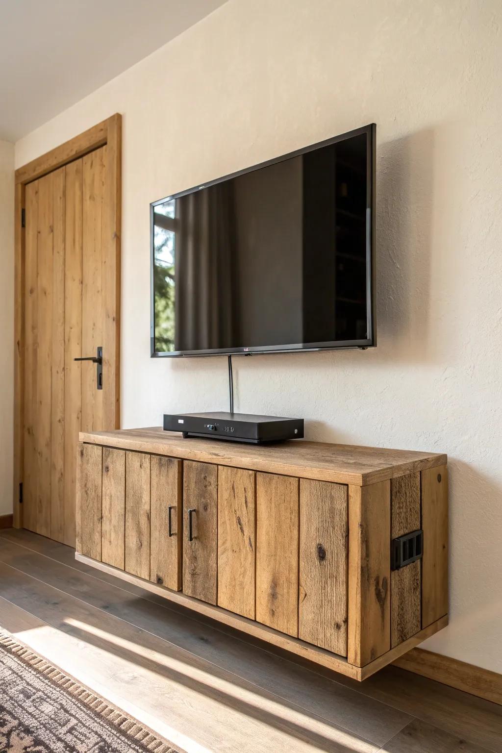 Chunky reclaimed-wood floating box cabinet—farmhouse warmth with minimalist Scandinavian calm.
