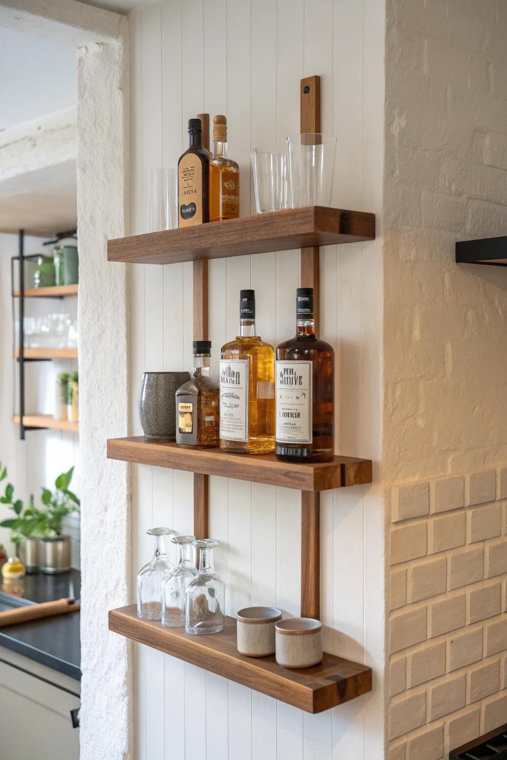 Three slim floating shelves stacked like a mini back bar—clean lines, warm wood, bold bottles.